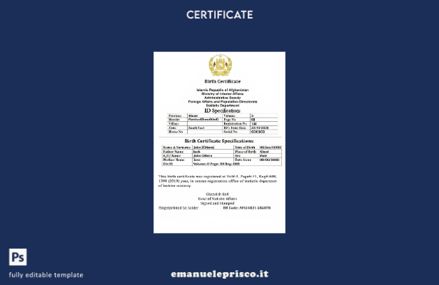 modello PSD modificabile del certificato di nascita del certificato di stato civ